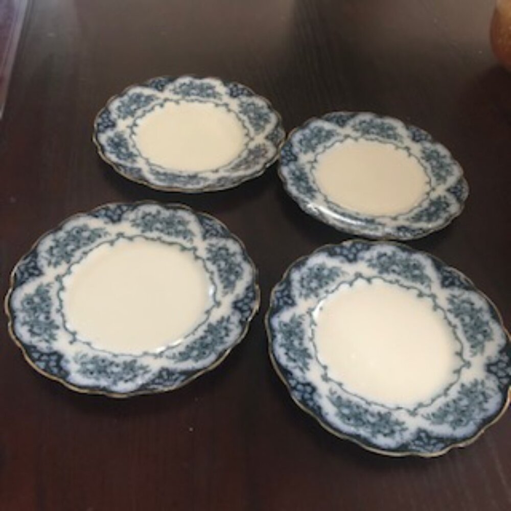 4 Flow Blue Ridgways England Royal Semi Porcelain Rose Plates